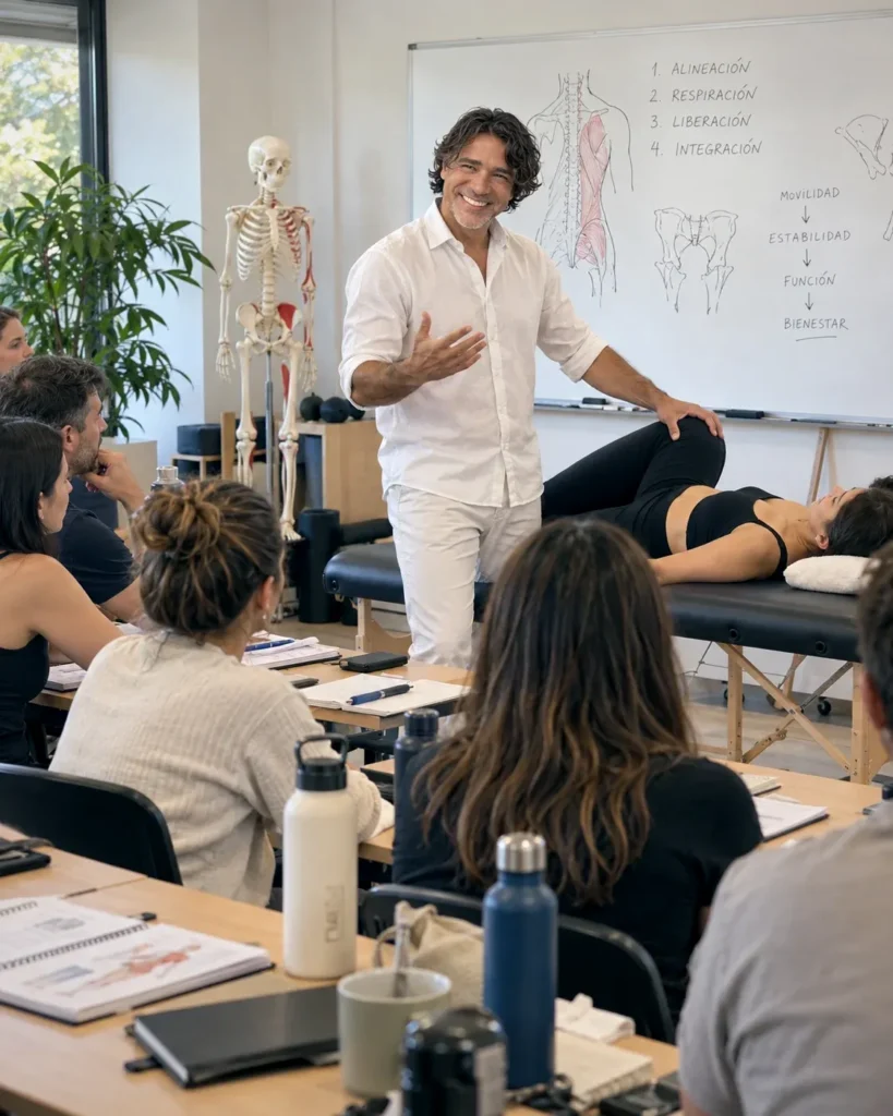 Recreación ilustrativa de una clase de Técnica Estructural: Vicente Bea de pie explica ante la pizarra con dibujos de la columna