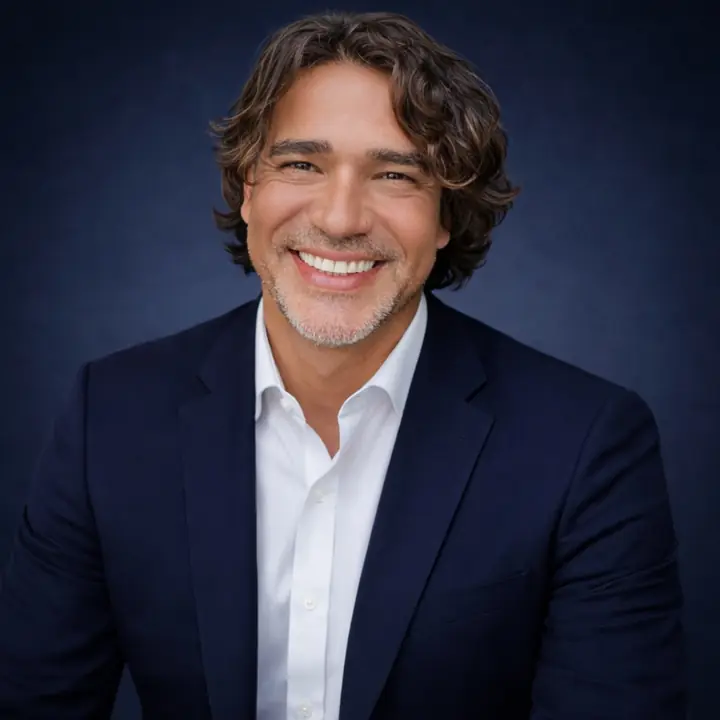 Retrato de Vicente Bea, terapeuta holístico y formador de Técnica Estructural en Valencia, sonriendo con chaqueta azul marino